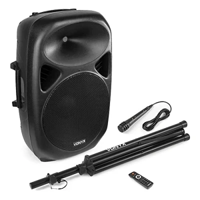 Imagen de Vonyx SPS15A Kit de Altavoz 15&quot; Activo con Mp3, Trípode, micrófono Cable y Mando a Distancia, Bluetooth, Reproductor USB SD, entradas Micro/Linea EQ, Fiestas animaciones