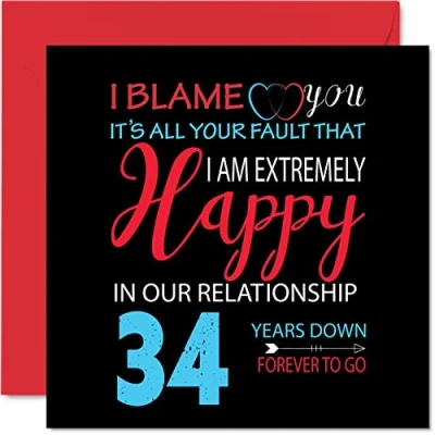 Imagen de Divertida Tarjeta de 34 aniversario para marido y esposa Your Fault I&#039;m Extremely Happy felicitación boda pareja, tarjetas 145 mm x