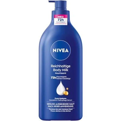 Imagen de NIVEA Rica leche corporal, crema corporal intensamente nutritiva con ácido hialurónico puro, aceite de almendras y suero cuidado profundo, loción para piel seca (625 ml)