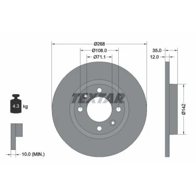 Imagen de TEXTAR 92325903 Disco de freno 268 12 04/06 108 macizo revestido sin perno sujeción rueda, buje rueda PEUGEOT: 208 II Hatchback, 2008