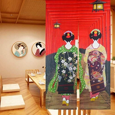 Imagen de LIGICKY Noren Cortina de Puerta Estilo japonés Kyoto Geisha Girls at Fushimi Inari Tipo Largo Tapiz para decoración del hogar 85 x 150 cm