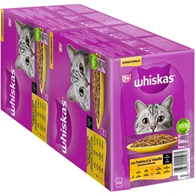 Imagen de Whiskas 7+ Comida para Gatos de Aves Corral en Salsa, 24 x 85 g (2 Paquetes) húmeda Partir los 7 años Edad 48 Bolsas porciones