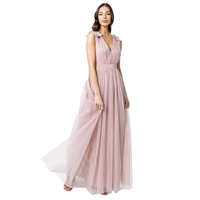 Imagen de Maya Deluxe Maxivestido con Detalle de Volantes En Los Hombros Vestido Dama Honor, Rosa Esmerilado, 48 para Mujer