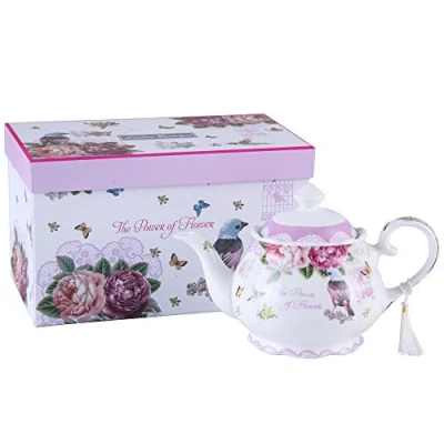 Imagen de Tetera grande, jarra de leche, azucarero, juego té la tarde, teteras, nuevo hueso porcelana vintage, regalo para ella, 1300 ml (tetera pájaro rosa mariposa)