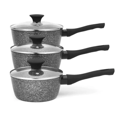 Imagen de Salter BW05751S Juego De Cazos Inducción Antiadherentes, Cocina La Colección Megastone, Conjunto 3 Piezas, 16/18/20cm, Sin PFOA, Aluminio Forjado, Con Mangos Suaves, Plateado