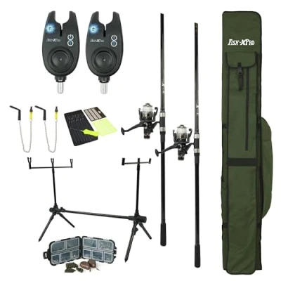 Imagen de FISH XPRO Juego de Carpa Plus 2 Rod caña Negro 96 Piezas Detectores remojo Swingers Rodpod Reposapiés traseros Pala error Extra Extendido Todo lo que