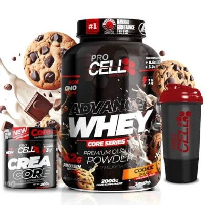 Imagen de ProCell PACK Whey Core + Crea 300gr Shaker REGALO proteina concentrada Gana masa muscular, en polvo Creatina monohidrato 200 mesh (2 KG, Cookie Dough)
