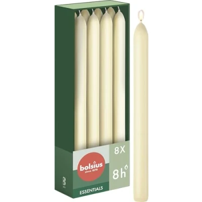 Imagen de Bolsius Velas cónicas para cena Marfil Paquete de 8 23 cm Larga duración combustión horas Sin perfume Incluye cera natural vegana aceite palma