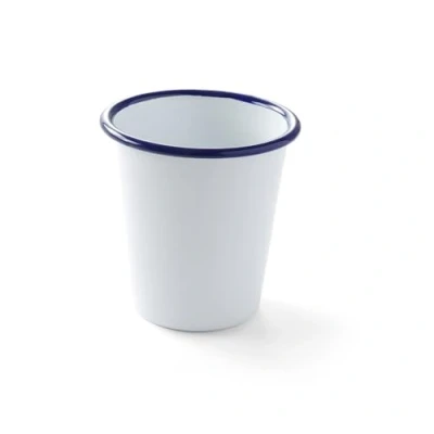 Imagen de HENDI Vaso esmaltado, recipiente sin asas para desayunar y servir diferentes alimentos, postres, bebidas frías calientes, helados, 0,3 L, ø90x(H) 90 mm, acero esmaltado blanco con borde azul