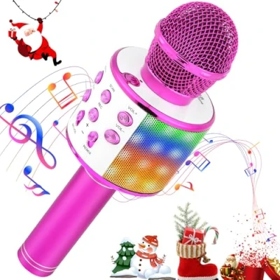 Imagen de MOOKLIN ROAM LED Micrófono Karaoke inalámbricos, 4 en 1 Reproductore Bluetooth Portatil, Compatible con Android/iOS PC o Teléfono Inteligente para Niños Canta Partido Musica Rosa