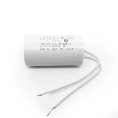 Imagen de Condensador con hilos de 5 µF Ø30 x 55 mm Fondo plano Fabricado en Italia