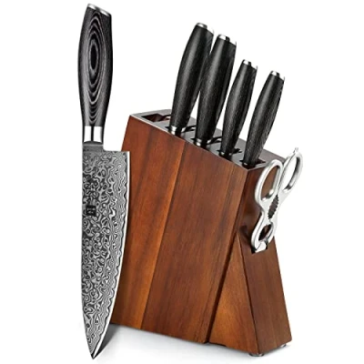 Imagen de XINZUO Acero Damasco 7 Piezas Set Cuchillo profesional de chef Santoku con Bloque Madera, Fileteador Universal Fruta,Tijeras Cocina Multifuncionales Mango Pakkawood Ya Serie