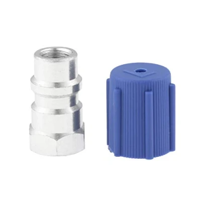 Imagen de gohantee R12 R22 a R134A Adaptador de puerto lateral bajo 7/16 con tapa CA polvo azul universal para aire acondicionado refrigerante
