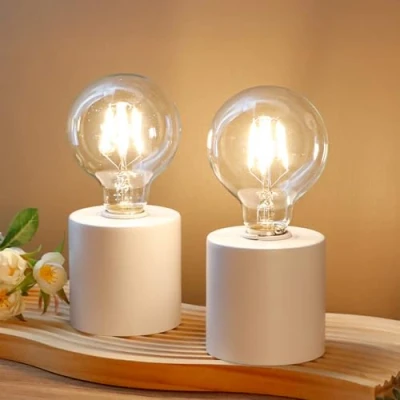 Imagen de JHY DESIGN Juego de 2 lámparas mesa blancas alimentadas por pilas 20 cm alto, lámpara inalámbrica con bombilla Edison alimentada pilas, ideal para sala estar, dormitorio, boda, patio