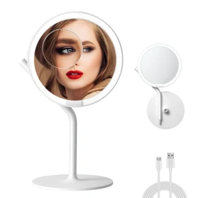 Imagen de AMIRO Espejo de Maquillaje con luz LED 8.5 &quot;con Brillo 5 Niveles, tocador Recargable Aumento 1X / 5X luz, Control táctil, rotación 180 , Blanco