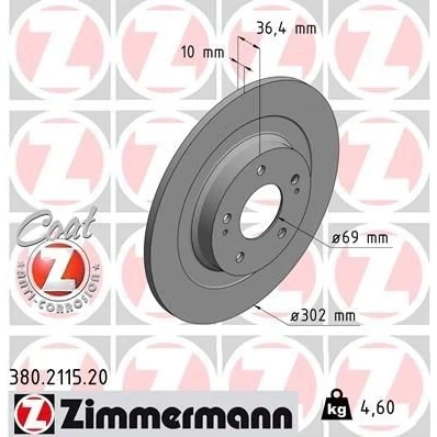 Imagen de ZIMMERMANN COAT Z 380.2115.20 Disco de freno 302 10 7/5 5 114 macizo revestido MITSUBISHI: ASX SUV, OUTLANDER 3, PEUGEOT: 4008 SUV