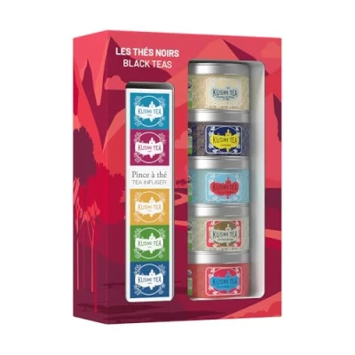 Imagen de Kusmi Tea Surtido de Té Negro para Regalo y Colador 100% Orgánico Pack Mujer o Hombre Earl Grey 5 Sabores Icónicos Hojas Sueltas Latas 25 g