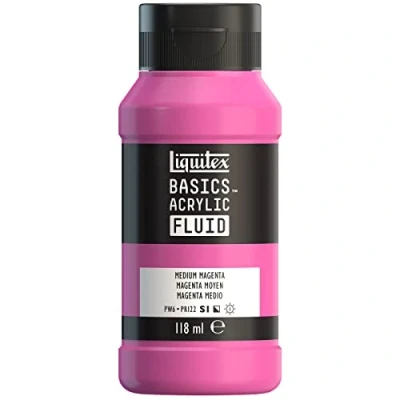 Imagen de Liquitex Basics Fluid Pintura acrílica de consistencia fluida, secado rápido, resistente a la luz, impermeable, acabado satinado permanente, bote 118 ml, magenta medio