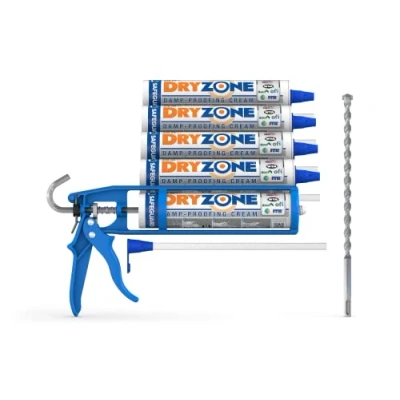 Imagen de Dryzone Kit Completo Cubrimiento de 7,8 metros inyección química para tratamiento humedad capilar: 5 x 310ml tubos Dryzone, pistola silicona, broca