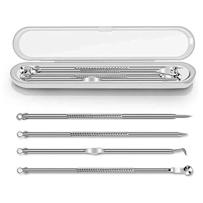 Imagen de Kit de Removedor Puntos Negros, Juego Extracción Profesional Acero Inoxidable para Tratamiento Espinillas Acné Comedones y 4Pcs Plata