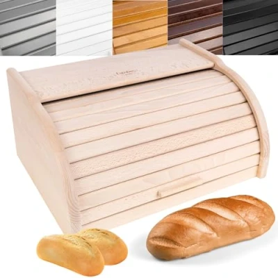 Imagen de Creative Home Grande Panera Madera Contenedor para Pan 38 x 28,5 17,5 cm (+/ 1cm) Haya Natural Color Beige Recipiente con Tapa Enrollable Guardar Bollos Alimentos Secos