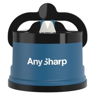 Imagen de AnySharp Afilador de Cuchillos, Seguridad sin Manos, Ventosa, Afila con Todos los Cuchillos Cocina, Ideal para Acero Endurecido y Dentados, El Mejor del Mundo, Compacto, Azul