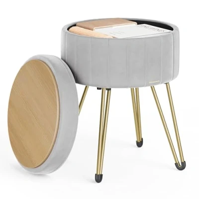 Imagen de SONGMICS Puff Almacenaje, Baul Banco Almacenaje Redondo, Taburete de Tocador Terciopelo, 39 x 44,4 cm, 4 Patas Metal, Asiento Acolchado, Gris Paloma LOM003G02