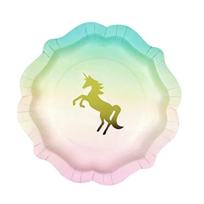 Imagen de Talking Tables platos de colores pasteles con detalle oro unicornio. Cartón