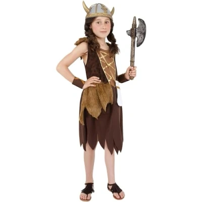 Imagen de Smiffys Disfraz de chica vikinga, marrón, con vestido y muñequeras