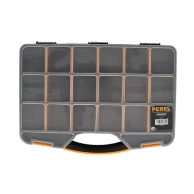 Imagen de Perel Caja de almacenamiento, máx. 20 compartimentos, 16 separadores, transparente, cubierta apilable, 326 x 257 48 mm, negro/amarillo
