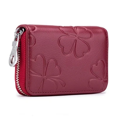 Imagen de AprinCtempsD RFID Cartera Tarjeteros Mini Mujer Cuero Genuino Monedero Pequeñas Piel Portatarjetas con Cremallera (Rojo Vino)