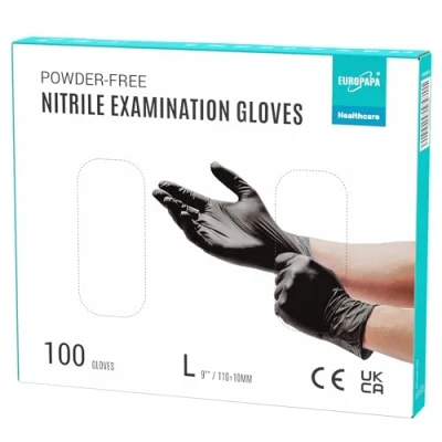 Imagen de EUROPAPA® 100 Guantes De Nitrilo, Caja Desechables, Examen, Sin Polvo, LÁTex, No EstÉRiles, Disposible Gloves (L, Negro)