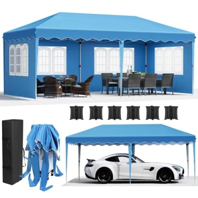 Imagen de Carpa Plegable 3 x 6, Cenador para Jardin Resistente al Agua, con 6 Bolsas de Arena, 4 Paneles Laterales, Protección UV50+, Exteriores Fiesta Boda Picnic, Azul