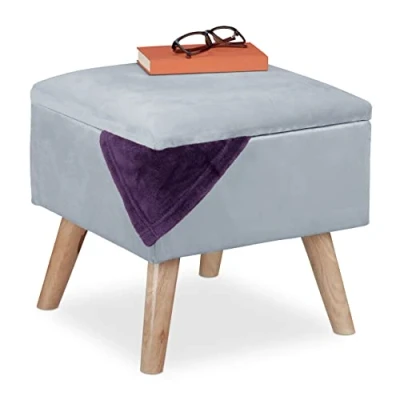 Imagen de Relaxdays Taburete de Terciopelo con Sitio Almacenaje, Acolchado, Cuadrado, Patas Madera, 40x40x40 cm, Gris Claro