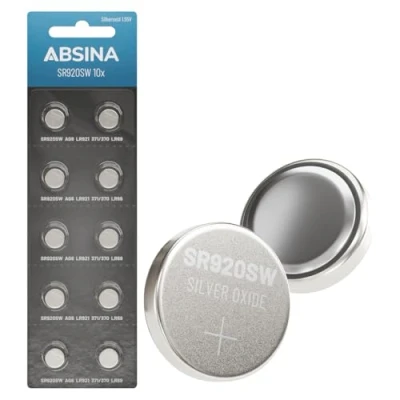 Imagen de ABSINA SR920SW Pilas para reloj (1,55 V, óxido de plata, paquete 10 unidades, pila botón a prueba fugas y larga duración, / LR921 371/370 LR69 AG6 SR 920 SW Relojes