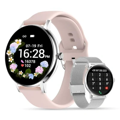 Imagen de LUNIQUESHOP LSCALL Reloj Inteligente Mujer Hombre con Llamadas y Asistente Voz, Smartwatch 2 Correas, Monitor de Ritma Cardíaco Sueño, Podómetro para Android iOS Rosa