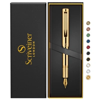 Imagen de Scriveiner pluma estilográfica chapada en oro (mediana), de lujo galardonada, bolsillo pesado con acabado 24 quilates, el mejor juego regalo escritura EDC