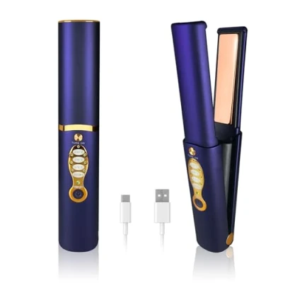 Imagen de Planchas del Pelo Inalambrica con Batería 5000mAh, Plancha y Rizador de 2 en 1, Portátil Mini Viaje Placa Titanio 3D Funda Anti Quemaduras, Calentamiento Rápido Segundos