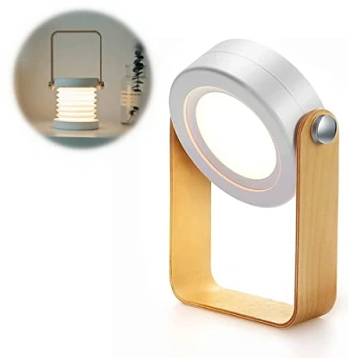 Imagen de ALLOMN Luz de Mesa Escritorio, Noche Telescópica Plegable Portátil Lectura LED Lámpara linterna con Mango Madera, Brillo Regulable 3 Niveles, Carga USB, Cuidado los Ojos