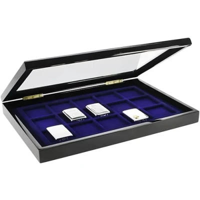 Imagen de Safe 5901 Estuche de colección para 15 Compartimentos encendedores ZIPPO Inserto Terciopelo Azul con Cierre magnético Invisible Dimensiones : 375 x 330 26 mm
