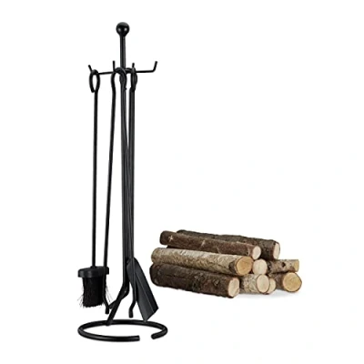 Imagen de Relaxdays Juego de Utensilios Chimenea con Soporte, Acero, Negro, 5 Unidades