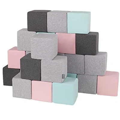Imagen de KiddyMoon Bloques Blandos 24 Piezas para Niños 14Cm, Cubos:Gris Claro/Gris Oscuro/Rosa/Menta