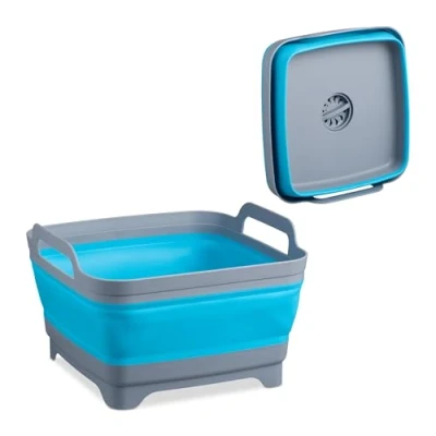 Imagen de Relaxdays Fregadero Portátil Camping, 9 litros, Lavabo Plegable con Desagüe y Asas, Barreño de Plástico, Gris Azul, 20 x 31,5 30 cm