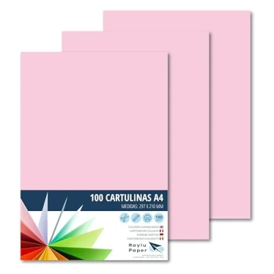 Imagen de Raylu Paper® cartulinas A4 100 unidades de color rosa, 180gr 210 x 297 mm, tacto suave, Ideal para encuadernación, trabajos oficina, dibujo, manualidades. aptas uso escolar. (Rosa)