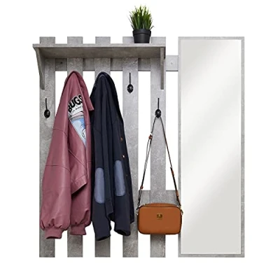 Imagen de Meerveil Perchero Pared, Madera Mueble Entrada Recibidor con Espejo y 5 Ganchos Estilo Industrial para Pasillo Vestíbulo, 100 x 22 106 cm (Gris)