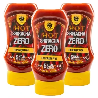 Imagen de Salsa Rabeko Zero Sriracha picante, 3 x 350 ml sin azúcar y baja en grasas productos saludables, bajos carbohidratos calorías para ensaladas, patatas fritas, hamburguesas