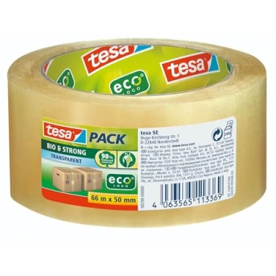 Imagen de tesapack Bio &amp; Strong Cinta Adhesiva Extra Fuerte para Embalaje Hecha de 98 Prozent Material Biológico Sostenible y Reciclable 66 m x 50 mm Transparente