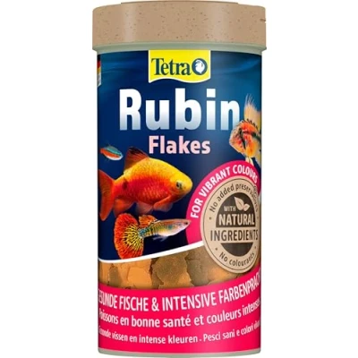Imagen de Tetra Rubin Flakes alimento para peces en forma de copos con potenciadores naturales del color, favorece la coloración intensiva los peces, lata 250 ml