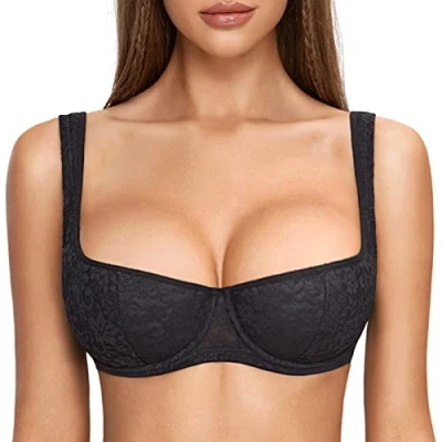 Imagen de DOBREVA Mujer Sujetador Balconette Push Up Sexy con Aros Relleno Talla Grande Negro 95B