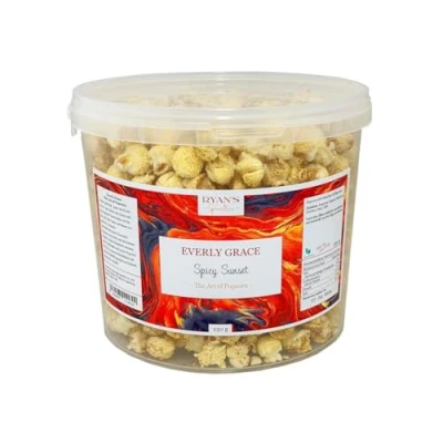 Imagen de Everly Grace Popcorn Spicy Sunset, 250 g Cubo de palomitas con condimento BBQ y un toque chile nuestra fábrica en Augsburgo, Alemania